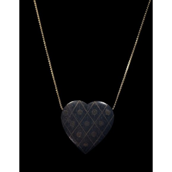 Vintage Wooden Heart Pendant Necklace With Brass Inlay - Picture 2 of 5